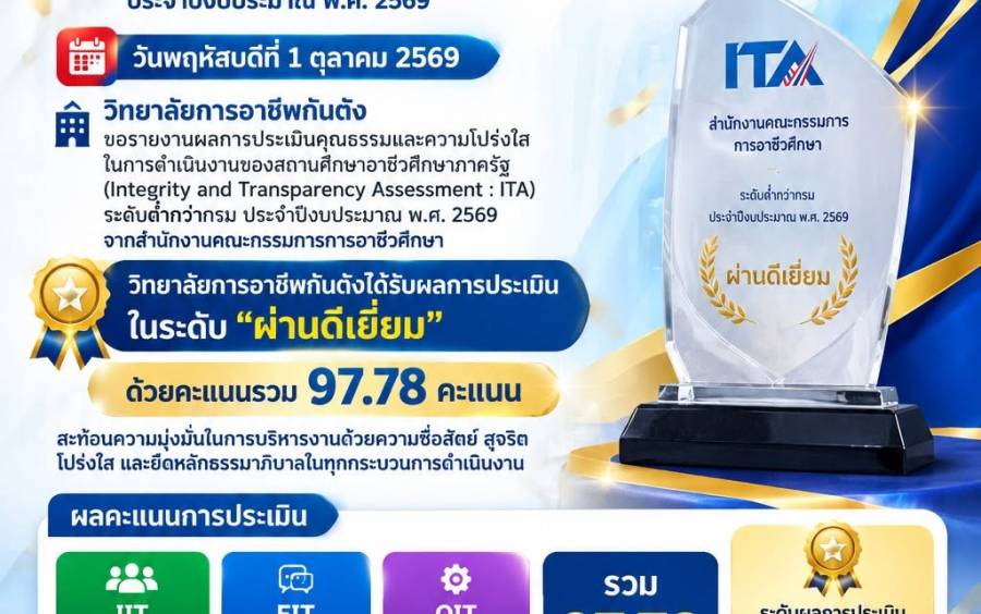 วิทยาลัยการอาชีพกันตังได้รับผลการประเมินในระดับ 